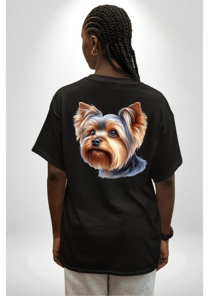 Yorkshire Terrier Teacup Mini Köpek Aşkı Siyah Oversize Kadın Erkek Ön ve Sırt Baskılı Tişört fiyatları