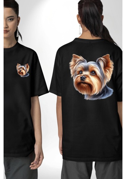Yorkshire Terrier Teacup Mini Köpek Aşkı Siyah Oversize Kadın Erkek Ön ve Sırt Baskılı Tişört fırsatları