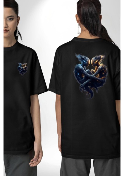 Ikizler Buçu Özel Tasarım Siyah Oversize Kadın Erkek Ön ve Sırt Baskılı Tişört