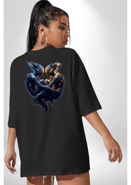 Ikizler Buçu Özel Tasarım Siyah Oversize Kadın Erkek Ön ve Sırt Baskılı Tişört fiyatları