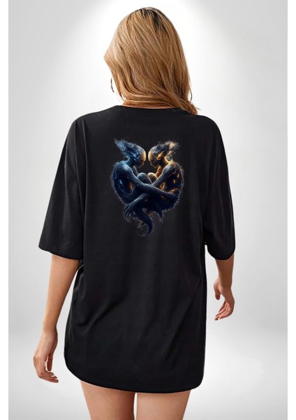 Ikizler Buçu Özel Tasarım Siyah Oversize Kadın Erkek Ön ve Sırt Baskılı Tişört indirimleri