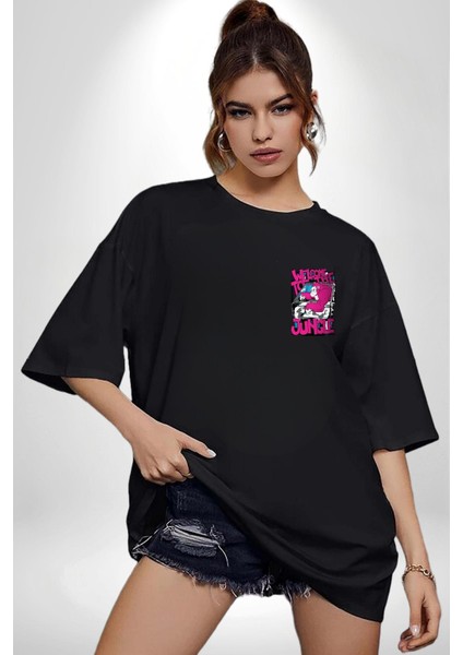 Korkma, Gel! Vahşi Dünyaya Adım At! Siyah Oversize Kadın Erkek Ön ve Sırt Baskılı Tişört