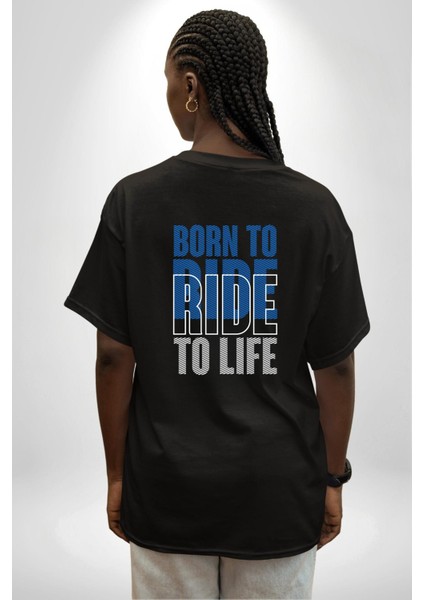 Born To Ride Baskılı Motosiklet Severler Için Siyah Oversize Kadın Erkek Ön ve Sırt Baskılı Tişört fiyatları