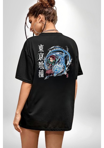 Demon Slayer - Tanjiro Kamado Anime Siyah Oversize Kadın Erkek Ön ve Sırt Baskılı Tişört fiyatları