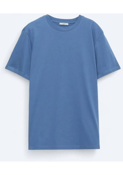 Indigo Bisiklet Yaka %100 Pamuk T-Shirt