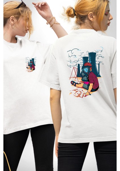 Çevreçi Hava Kirliliği Küresel Isınma Beyaz Oversize Kadın Erkek Ön ve Sırt Baskılı Tişört