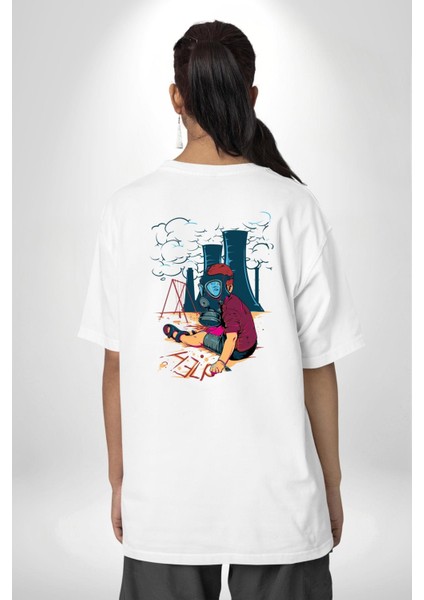 Çevreçi Hava Kirliliği Küresel Isınma Beyaz Oversize Kadın Erkek Ön ve Sırt Baskılı Tişört fiyatları