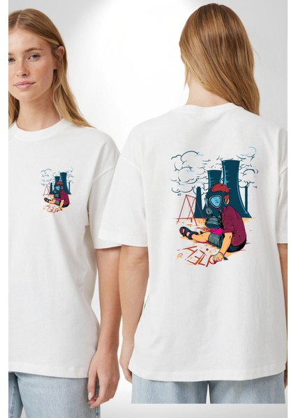 Çevreçi Hava Kirliliği Küresel Isınma Beyaz Oversize Kadın Erkek Ön ve Sırt Baskılı Tişört fırsatları