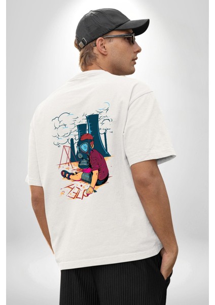 Çevreçi Hava Kirliliği Küresel Isınma Beyaz Oversize Kadın Erkek Ön ve Sırt Baskılı Tişört indirimleri