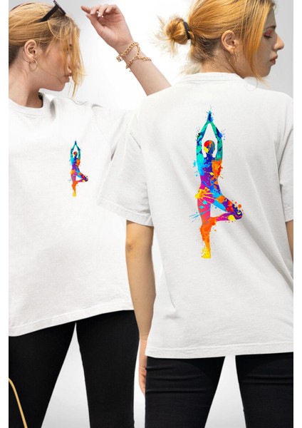 Renkli Yoga, Meditasyon ve Spiritüel Temalar Beyaz Oversize Kadın Erkek Ön ve Sırt Baskılı Tişört fırsatları