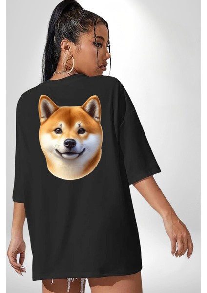 Shiba Inu Sevimli Sevgi Köpek Tasarımı Siyah Oversize Kadın Erkek Ön ve Sırt Baskılı Tişört fiyatları