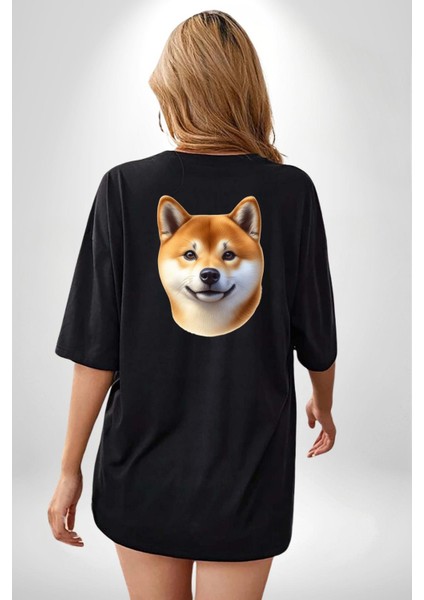 Shiba Inu Sevimli Sevgi Köpek Tasarımı Siyah Oversize Kadın Erkek Ön ve Sırt Baskılı Tişört indirimleri