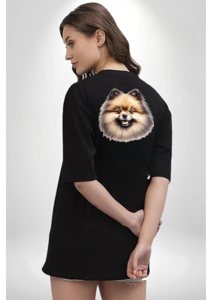 Efsane Pomeranian Küçük Irk Köpek Tasarımı Siyah Oversize Kadın Erkek Ön ve Sırt Baskılı Tişört indirimleri