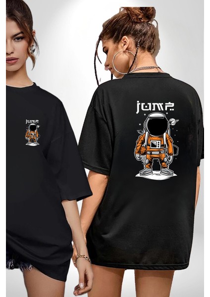 Uzay Astronotu Basketbol Siyah Oversize Kadın Erkek Ön ve Sırt Baskılı Tişört