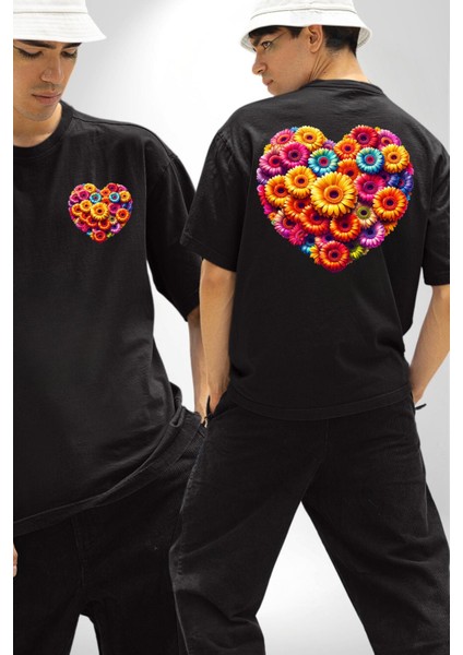 Renkli Aşk Çiçekleri Gerbera Papatya Siyah Oversize Kadın Erkek Ön ve Sırt Baskılı Tişört fırsatları