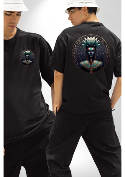 Nefertum Güzellik ve Şifa Tanrısı Mısır Siyah Oversize Kadın Erkek Ön ve Sırt Baskılı Tişört