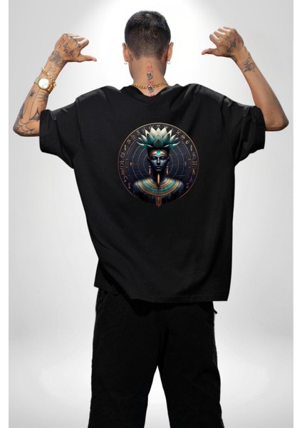 Nefertum Güzellik ve Şifa Tanrısı Mısır Siyah Oversize Kadın Erkek Ön ve Sırt Baskılı Tişört fiyatları