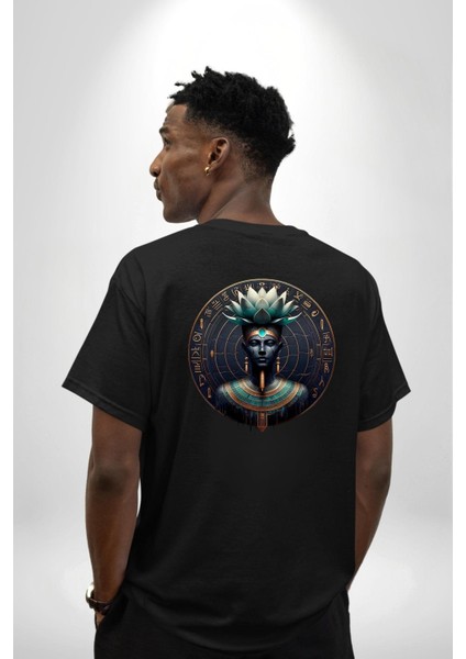 Nefertum Güzellik ve Şifa Tanrısı Mısır Siyah Oversize Kadın Erkek Ön ve Sırt Baskılı Tişört indirimleri