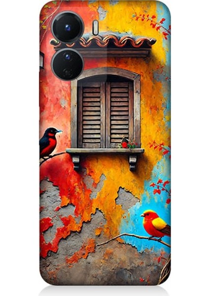 Vivo V16 Uyumlu Pencerede Renkli Kuşlar Desenli Silikon Kılıf