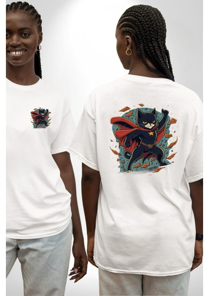Süper Kahraman Kedi Beyaz Oversize Kadın Erkek Ön ve Sırt Baskılı Tişört