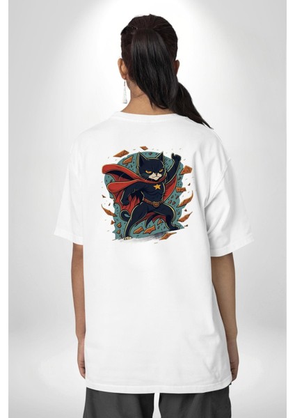 Süper Kahraman Kedi Beyaz Oversize Kadın Erkek Ön ve Sırt Baskılı Tişört fiyatları