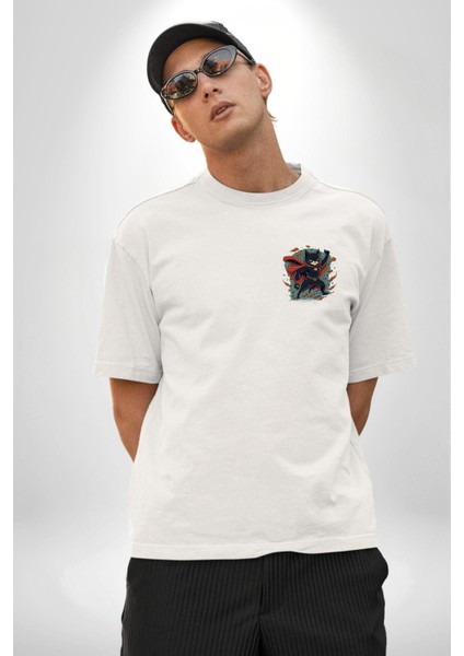 Süper Kahraman Kedi Beyaz Oversize Kadın Erkek Ön ve Sırt Baskılı Tişört modelleri