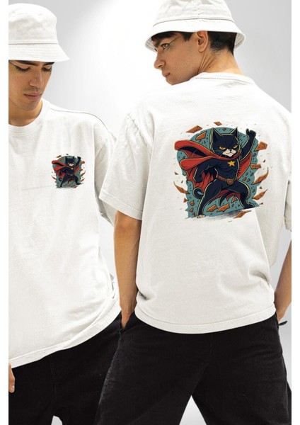 Süper Kahraman Kedi Beyaz Oversize Kadın Erkek Ön ve Sırt Baskılı Tişört fırsatları