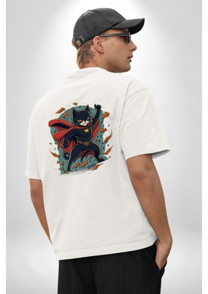 Süper Kahraman Kedi Beyaz Oversize Kadın Erkek Ön ve Sırt Baskılı Tişört indirimleri