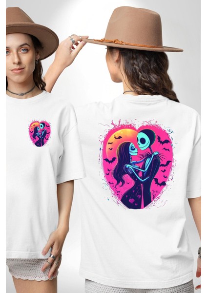 Korku ve Aşk Temalı Jack & Sally Sevgililer Günü Beyaz Oversize Kadın Erkek Ön ve Sırt Baskılı Tişört