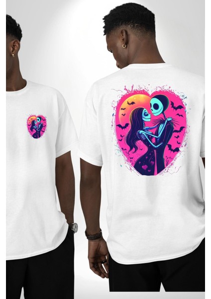 Korku ve Aşk Temalı Jack & Sally Sevgililer Günü Beyaz Oversize Kadın Erkek Ön ve Sırt Baskılı Tişört fırsatları