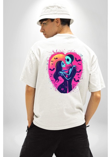 Korku ve Aşk Temalı Jack & Sally Sevgililer Günü Beyaz Oversize Kadın Erkek Ön ve Sırt Baskılı Tişört indirimleri