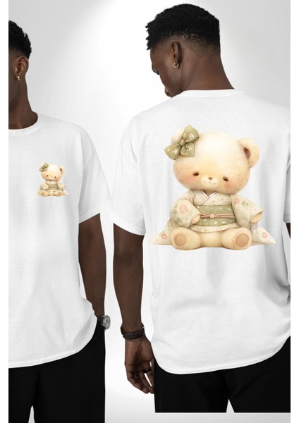 Pastel Tonlarda Kimonolu Sevimli Ayıcık Teddy Beyaz Oversize Kadın Erkek Ön ve Sırt Baskılı Tişört