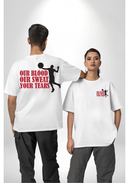 Spor ve Mücadele Kan, Ter, Gözyaşı Beyaz Oversize Kadın Erkek Ön ve Sırt Baskılı Tişört