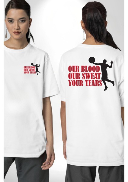 Spor ve Mücadele Kan, Ter, Gözyaşı Beyaz Oversize Kadın Erkek Ön ve Sırt Baskılı Tişört fırsatları
