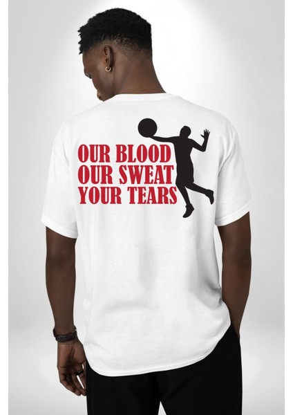 Spor ve Mücadele Kan, Ter, Gözyaşı Beyaz Oversize Kadın Erkek Ön ve Sırt Baskılı Tişört indirimleri