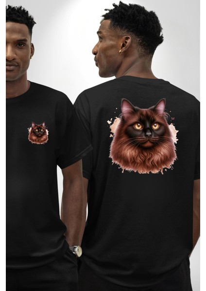 Ragdoll Kedi Siyam Kedisinin Uzun Tüylü Versiyon Siyah Oversize Kadın Erkek Ön ve Sırt Baskılı Tişört