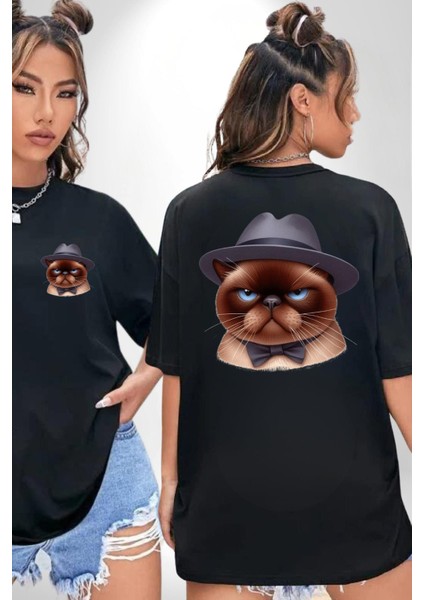 Kedinin Zarif Ciddiyeti Şapka ve Papyon Siyah Oversize Kadın Erkek Ön ve Sırt Baskılı Tişört