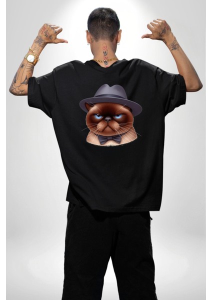 Kedinin Zarif Ciddiyeti Şapka ve Papyon Siyah Oversize Kadın Erkek Ön ve Sırt Baskılı Tişört fiyatları