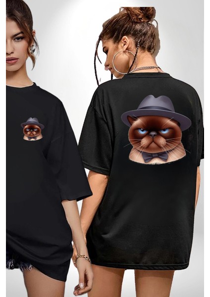 Kedinin Zarif Ciddiyeti Şapka ve Papyon Siyah Oversize Kadın Erkek Ön ve Sırt Baskılı Tişört fırsatları
