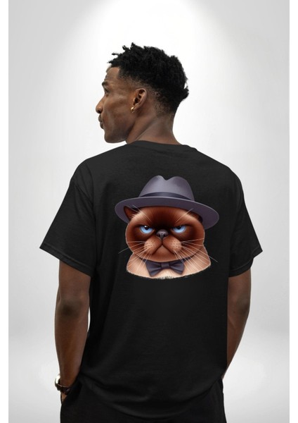 Kedinin Zarif Ciddiyeti Şapka ve Papyon Siyah Oversize Kadın Erkek Ön ve Sırt Baskılı Tişört indirimleri