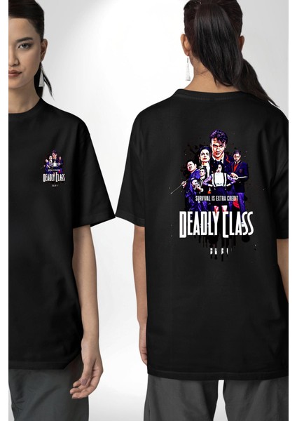 Deadly Class Öğrenciler Arasında Hayatta Kalma Siyah Oversize Kadın Erkek Ön ve Sırt Baskılı Tişört