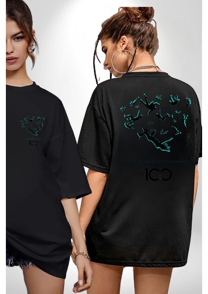 The 100 Yüksekten Düşüş Soyut Hayatta Kalma Siyah Oversize Kadın Erkek Ön ve Sırt Baskılı Tişört