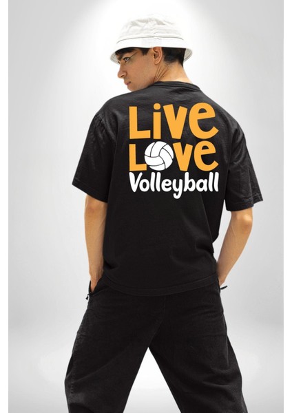 Live Love Voleybol Hayatım Siyah Oversize Kadın Erkek Ön ve Sırt Baskılı Tişört fiyatları