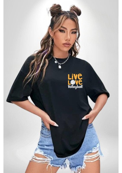 Live Love Voleybol Hayatım Siyah Oversize Kadın Erkek Ön ve Sırt Baskılı Tişört modelleri