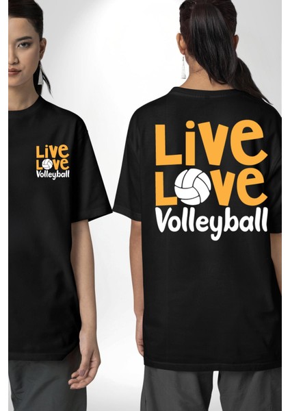 Live Love Voleybol Hayatım Siyah Oversize Kadın Erkek Ön ve Sırt Baskılı Tişört fırsatları