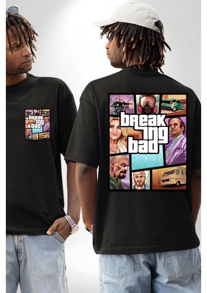 Breaking Bad Karakter Gta Tarzı Siyah Oversize Kadın Erkek Ön ve Sırt Baskılı Tişört