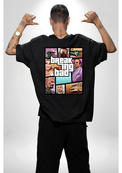 Breaking Bad Karakter Gta Tarzı Siyah Oversize Kadın Erkek Ön ve Sırt Baskılı Tişört fiyatları