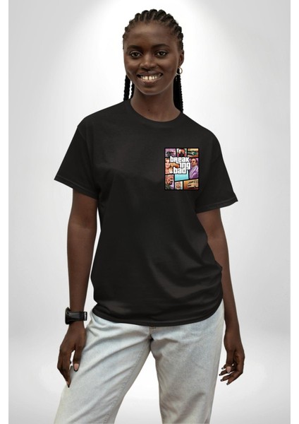 Breaking Bad Karakter Gta Tarzı Siyah Oversize Kadın Erkek Ön ve Sırt Baskılı Tişört modelleri