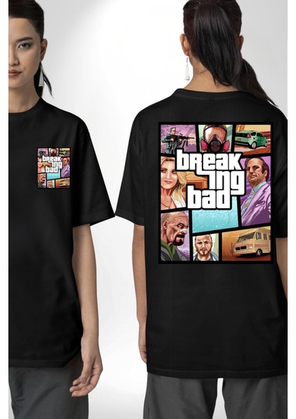 Breaking Bad Karakter Gta Tarzı Siyah Oversize Kadın Erkek Ön ve Sırt Baskılı Tişört fırsatları