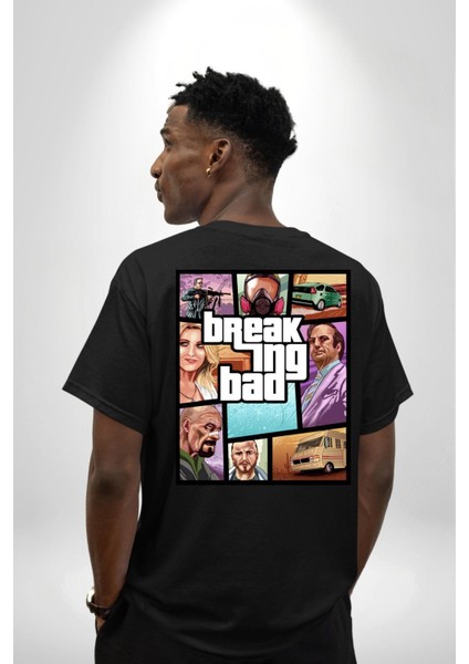 Breaking Bad Karakter Gta Tarzı Siyah Oversize Kadın Erkek Ön ve Sırt Baskılı Tişört indirimleri